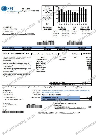 USA South Carolina Santee Electric Cooperative (SEC) proof of address utility bill template in Word and PDF format